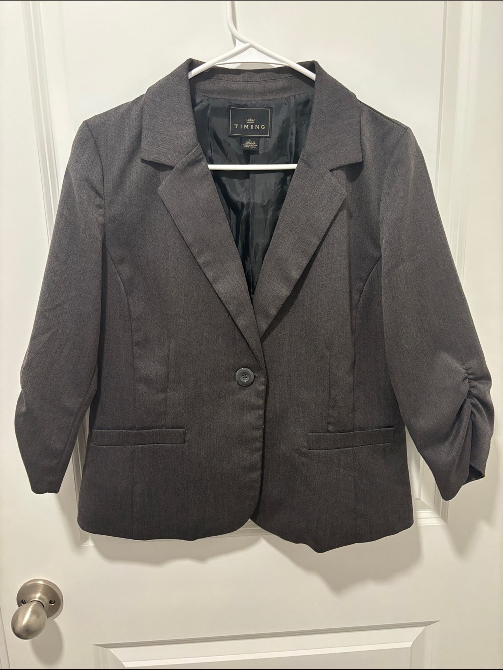 Timing Women's Dark Gray Single-Button Blazer with Ruched Sleeves